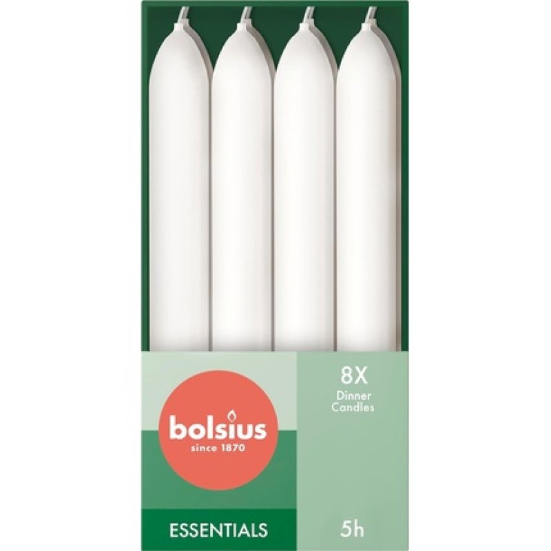 Bolsius Tapered Dinner Candles 17cm White 8-Pack