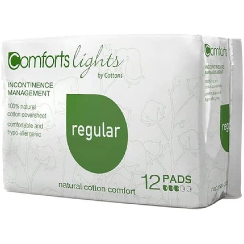 Comforts Lights Incontinence Pads for Women Medium Bladder Weakness Regular Natural Cotton 12 Pack