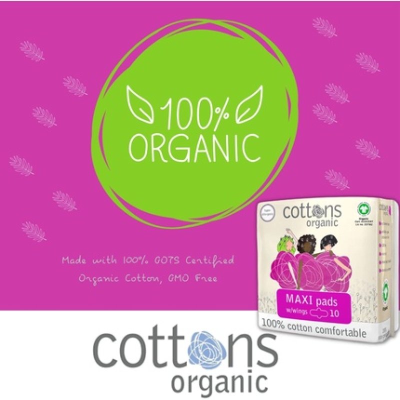 Cottons Maxi Sanitary Pads with Wings Super 100% Organic Cotton 10 Pack
