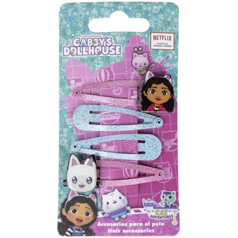 Gabby's Dollhouse Accessory Set 4 Hair Pins Pink and Blue Multicomposition Pin with Gabby Face and Panty Paws Original