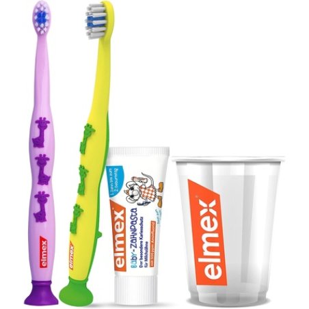 Elmex Baby Dental Care Starter Kit 0-2 Years - Set of Toothpaste, 2 Toothbrushes, and a Toothbrush Cup for Toddlers -
