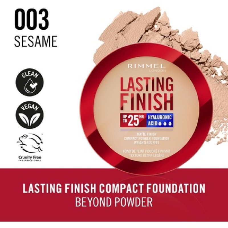 Rimmel Lasting Finish 25 HR Compact Foundation 003 Sesame Matte Buildable Coverage Powder-to-Cream Anti-Pollution