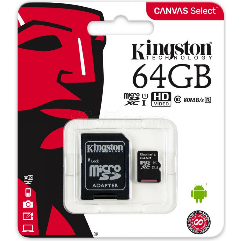 Carte mémoire Micro-SD Kingston compatible Canvas Select Plus 64Go Class 10 avec adaptateur