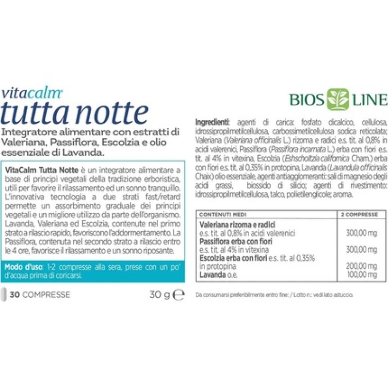 Bios Line VitaCalm All Night Fast Retard Dietary Supplement 30 Tablets