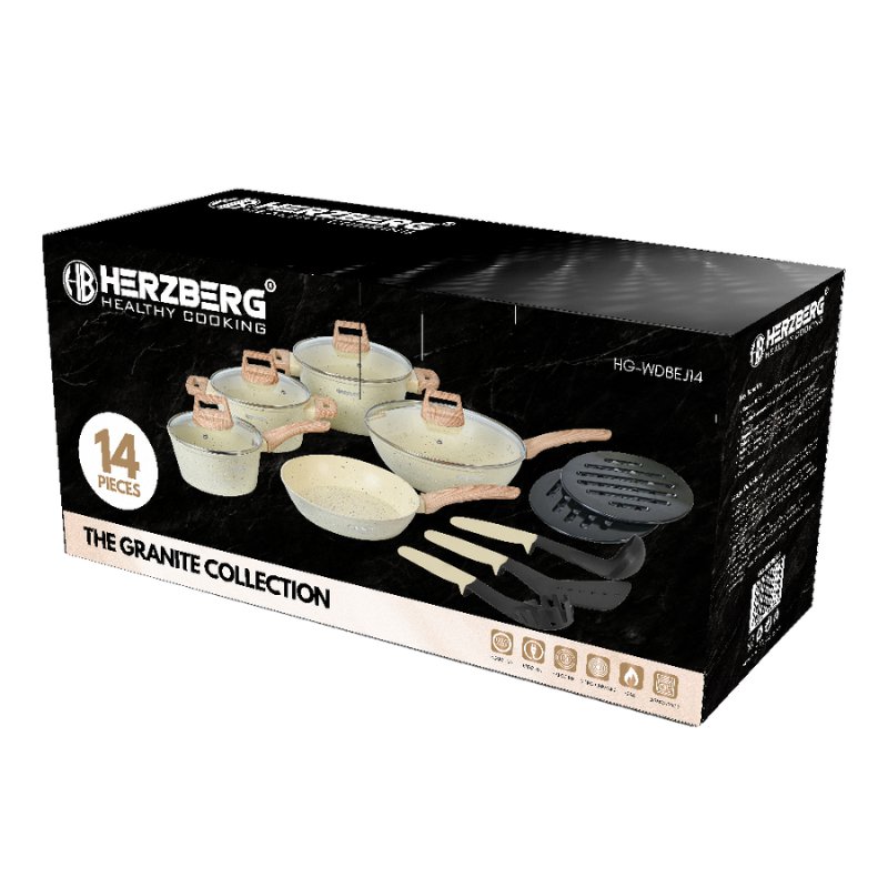 Herzberg HG-WDBEJ14: 14 Pieces Granite Coated with Wood Accent Handle - Biege