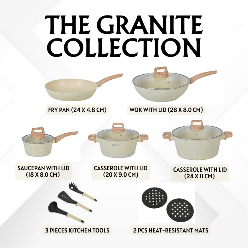 Herzberg HG-WDBEJ14: 14 Pieces Granite Coated with Wood Accent Handle - Biege