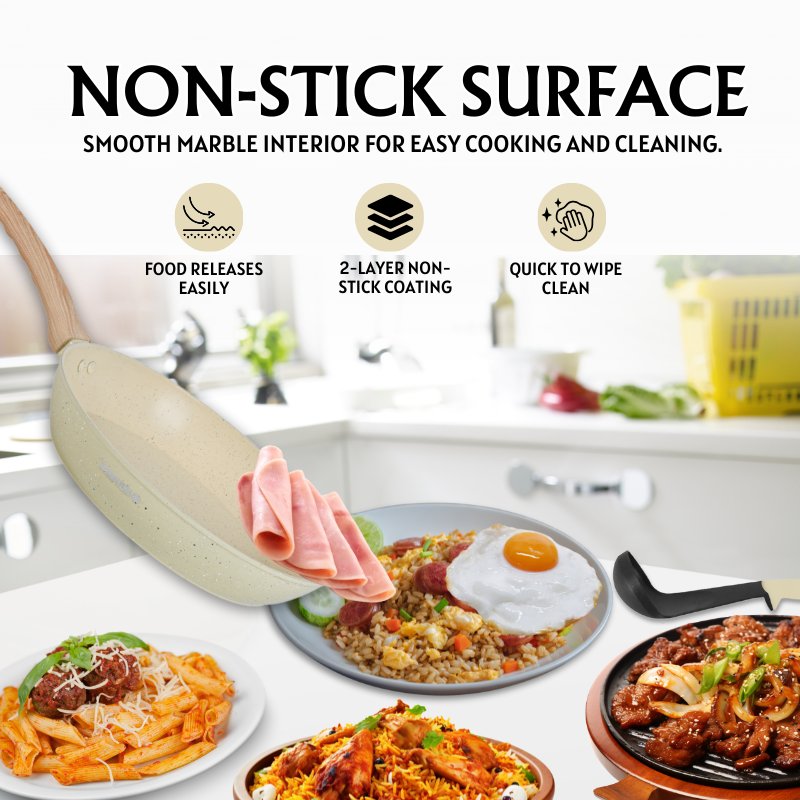 Herzberg HG-WDBEJ14: 14 Pieces Granite Coated with Wood Accent Handle - Biege