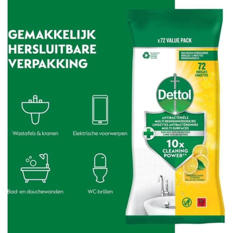 Dettol Antibacterial Cleaning Wipes Sparkling Lemon 72pcs
