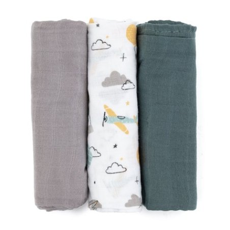 Petite&Mars Moussy Cloth Diapers Grey Planes 68 x 68 cm - Pack of 3