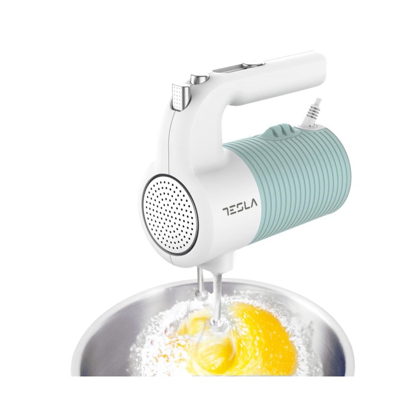 TESLA MX510BWS Hand Mixer 350W White-Blue Color 5 Speed Turbo Function 2 Beaters 2 Hooks Cord Storage System Silicon