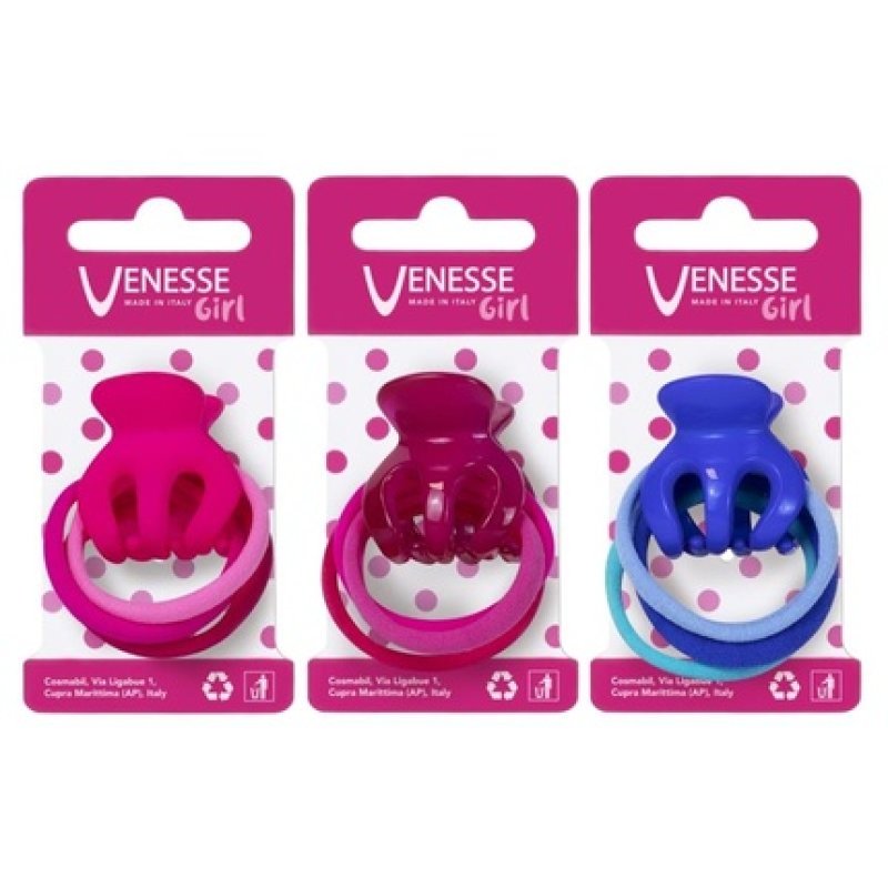 VENESSE PINZA BIMBA PICCOLA 3 ELASTICI MICROFIBRA 5695B - Children's Hair Clips Set with Microfiber Elastic Bands