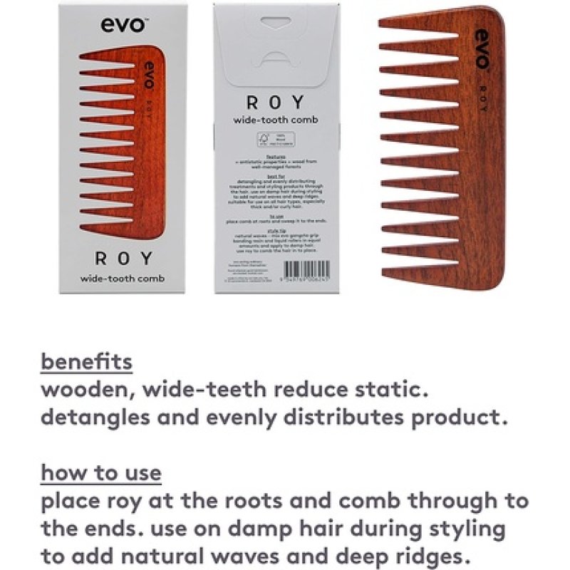 Evo Roy Wide Tooth Comb for Professional Styling Salon Hair Wooden Brush