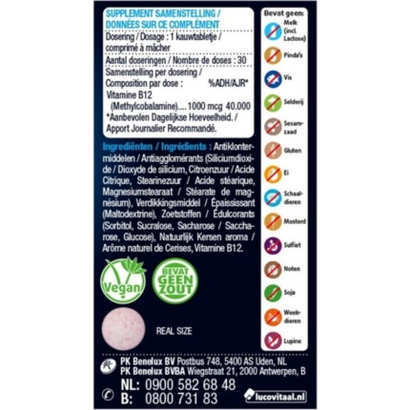 Lucovitaal Vitamin B12 1000 Mcg Dietary Supplement - 30 Chewable Tablets - Forest Fruit Flavor