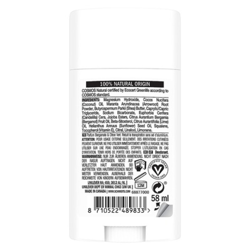 Schmidt's Natural Deodorant Stick Bergamot and Lime Aluminum Free Vegan