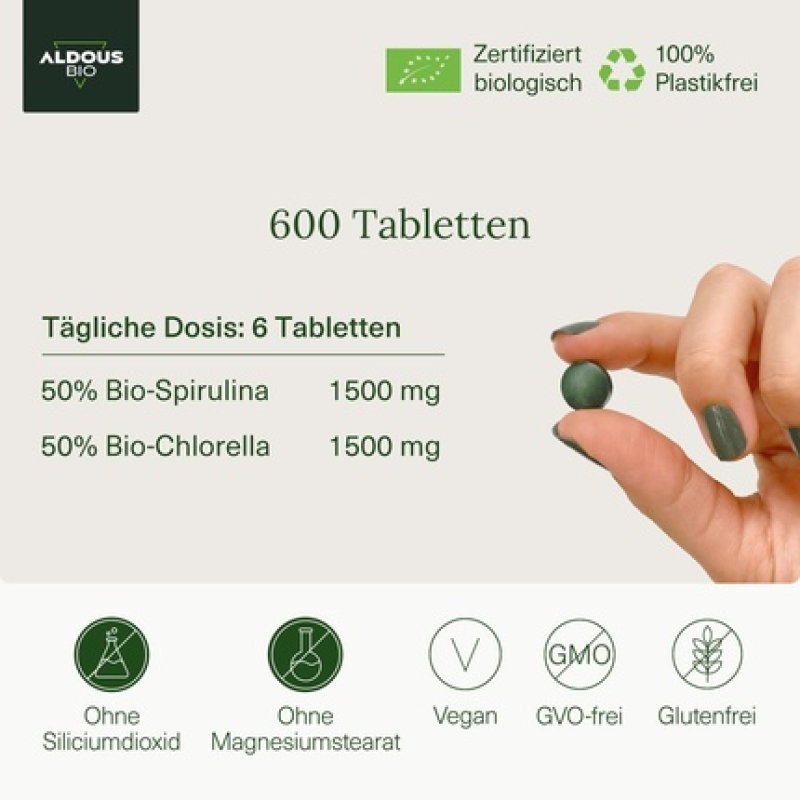 Bio Spirulina Chlorella Tablets for 100 Days 600 Tablets 3000mg per Daily Dose Vegan Satisfying DETOX Vegan Protein No