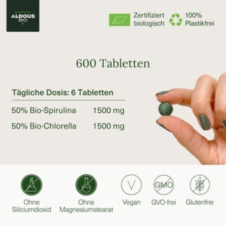 Bio Spirulina Chlorella Tablets for 100 Days 600 Tablets 3000mg per Daily Dose Vegan Satisfying DETOX Vegan Protein No