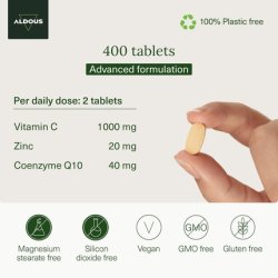 Vitamin C 1000mg with Zinc & Q10 Daily Dose 400 Premium Tablets - 6 Month Supply Vegan Vitamins for Tiredness and