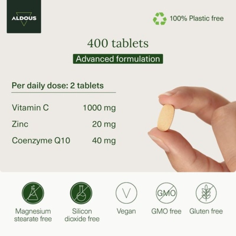 Vitamin C 1000mg with Zinc & Q10 Daily Dose 400 Premium Tablets - 6 Month Supply Vegan Vitamins for Tiredness and