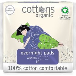 Cottons Overnight Sanitary Pads for Women 100% Organic Cotton Hypo-Allergenic Breathable Heavy Flow 10 Count
