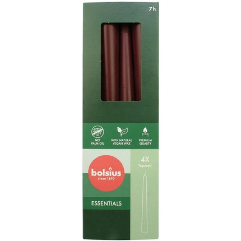 Bolsius Taper Candles Set Of 4 - Bordeaux, 24.5x2.4 Cm, Made In Germany