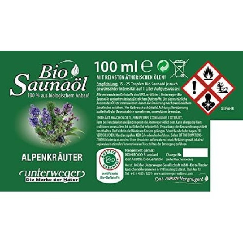 Unterweger Organic Sauna Oil Alpine Herbs 100ml with Pure Essential Oils