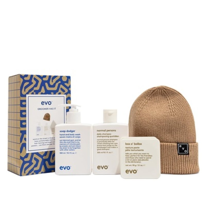 Evo Groomer Has It Haircare Gift Box Shampoo Conditioner Text Paste & Evo Beanie