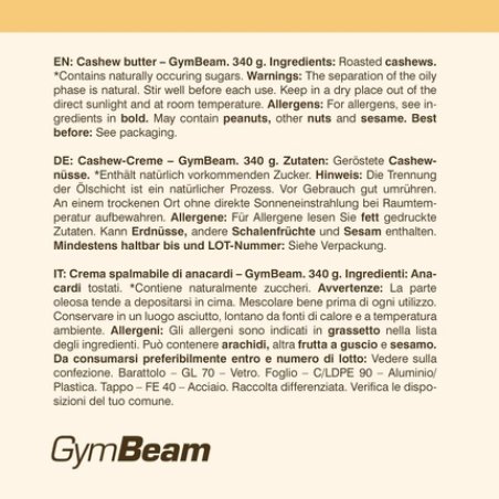 Gymbeam Cashew Butter 340g - 100% Creamy Natural Sweetener