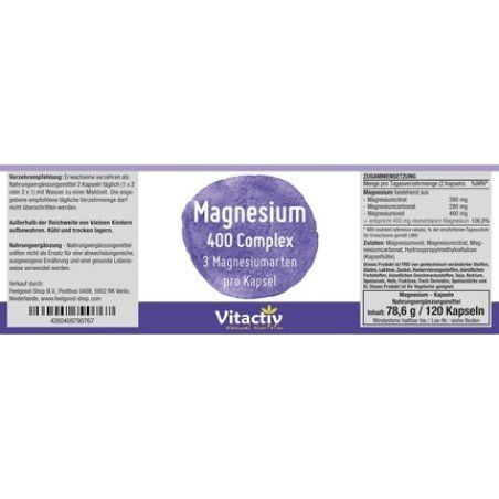 Magnesium 400mg Complex Natural Combination of Three Magnesium Types Including Organic Magnesium Citrate 120 Capsules -