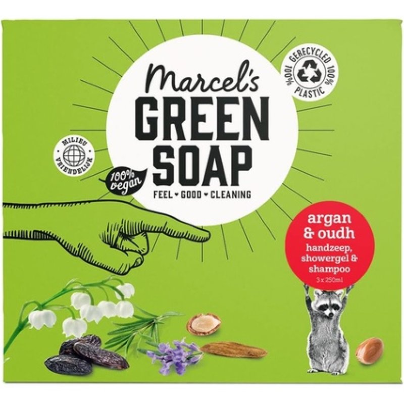 Marcel's Green Soap Gift Box Argan & Oudh Hand Soap 2-in-1 Shampoo Shower Gel 250ml