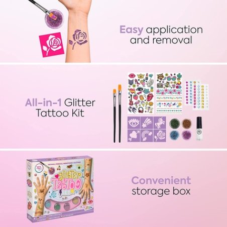 Grafix Mega Glitter Tattoo Set for Kids with 42 Stencils and Adhesive Tattoos 4 Glitter Colors and Safe Glue - Fun and