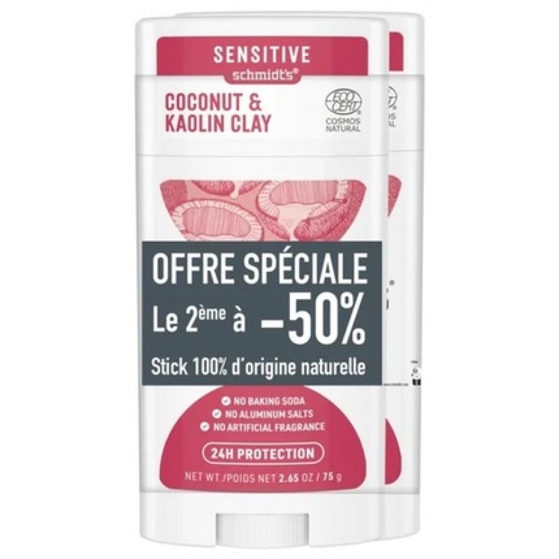 Schmidt's Sensitive Deodorant Stick Natural Coconut and Kaolin Clay - Pack of 2