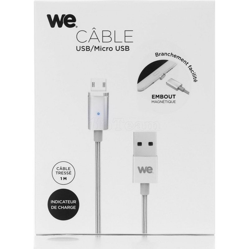Câble USB We compatible vers micro USB avec embout magnétique (Argent)