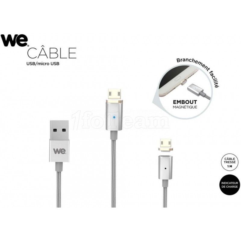 Câble USB We compatible vers micro USB avec embout magnétique (Argent)