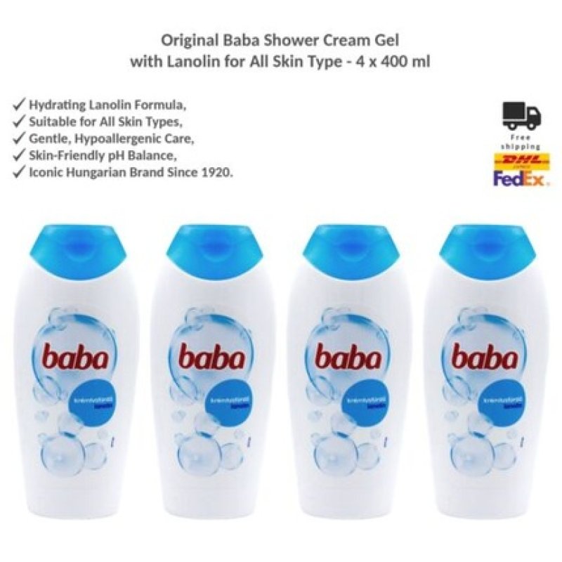 Original Hungarian Baba Cream Shower Gel with Lanolin for All Skin Types 400ml - Pack of 4