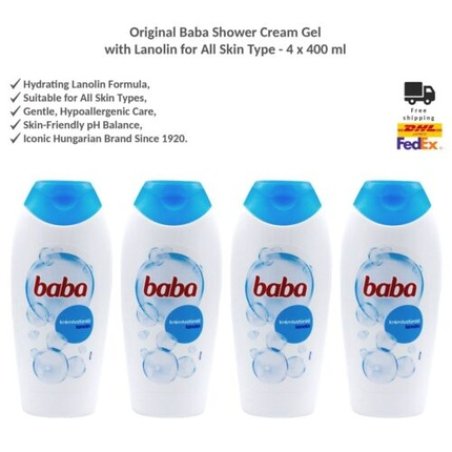 Original Hungarian Baba Cream Shower Gel with Lanolin for All Skin Types 400ml - Pack of 4