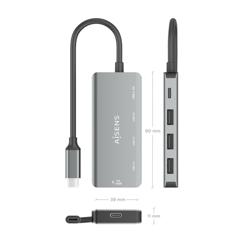 HUB AISENS USB 3.1 USB-C 1XPD 100W 1XUSB-C 3.0 3XUSB-A 2.0 GRIS 15CM