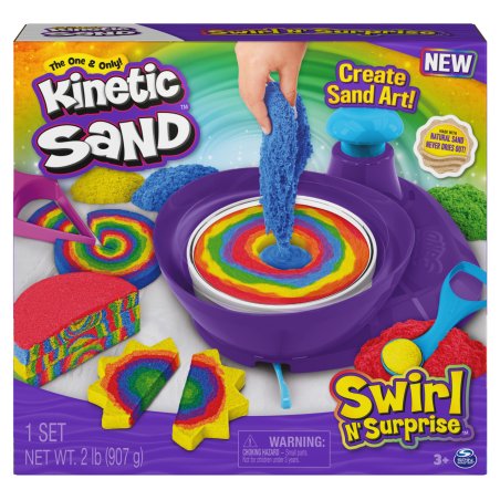 Kinetic Sand , Swirl N’ Surprise Playset with 2lbs of Play Sand, Including Red, Blue, Green, Yellow and 4 Tools,