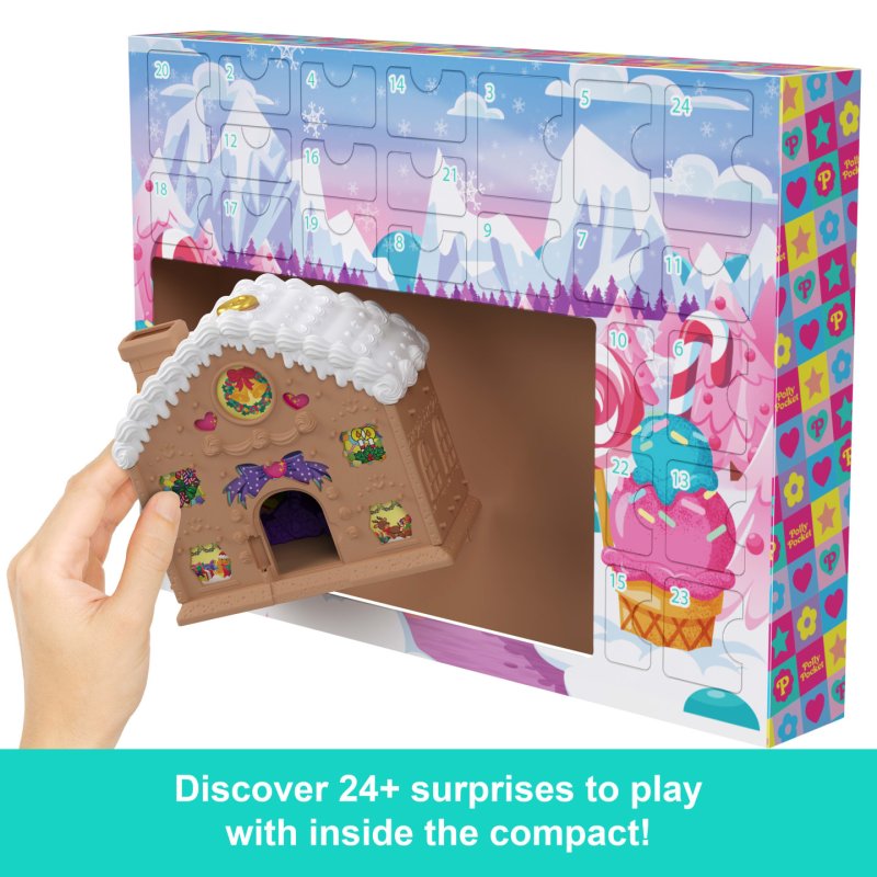 Polly Pocket Doll and Playset Advent Calendar, DIY Gingerbread House with Dollhouse Furniture, and 24 Holiday