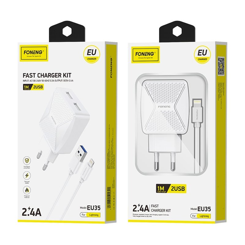 GaN Foneng EU50 charger, 35W 2x USB-C to Type-C to Lightning (white)