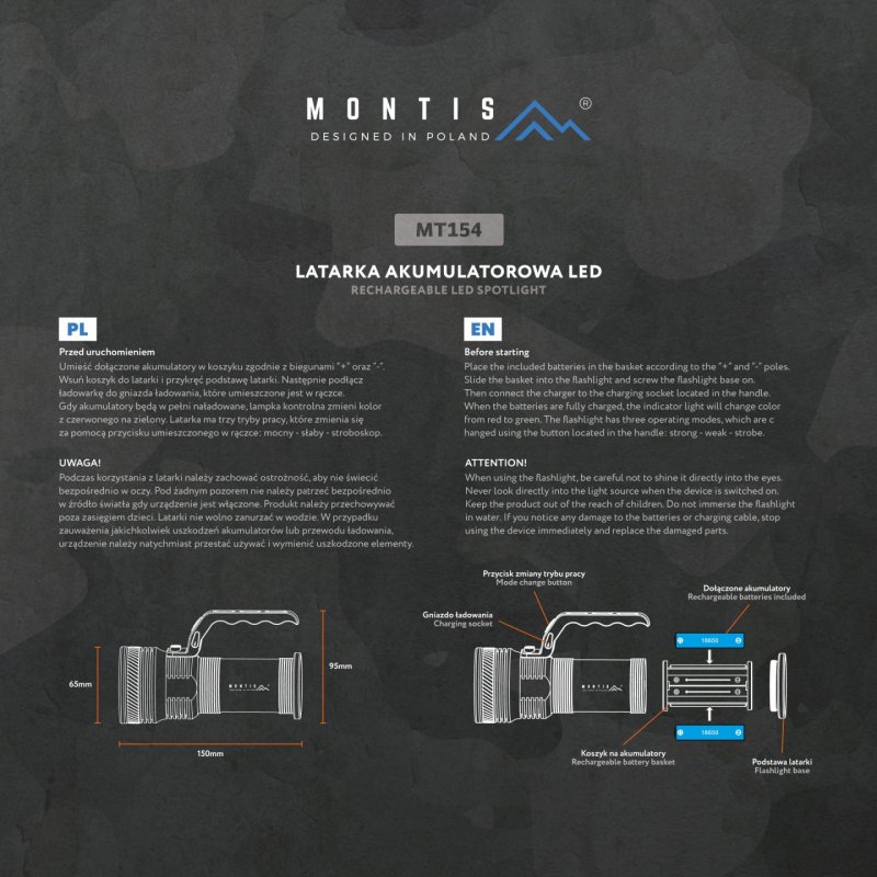 Montis Aluminiowa ręczna latarka akumulatorowa LED MT154 Gris Lampe torche