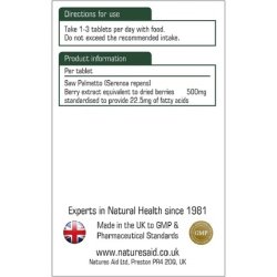 Natures Aid Saw Palmetto 500mg 90 Tablets - Healthy Prostate and Urinary Flow