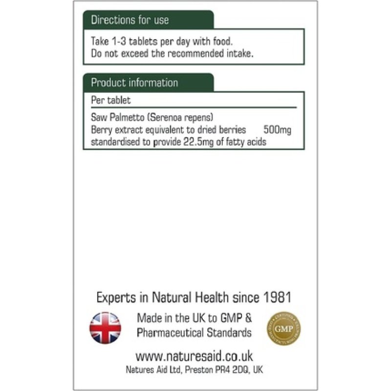 Natures Aid Saw Palmetto 500mg 90 Tablets - Healthy Prostate and Urinary Flow