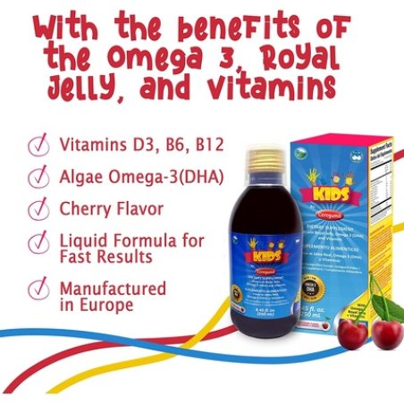 Ceregumil Kids Vitamins with Royal Jelly Omega 3 from Algae Vitamins C D3 B6 and B12 Multivitamin Liquid Cherry Flavor