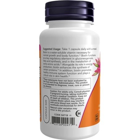 NOW Supplements Biotin 5000mcg Amino Acid Metabolism and Energy Production 60 Veg Capsules