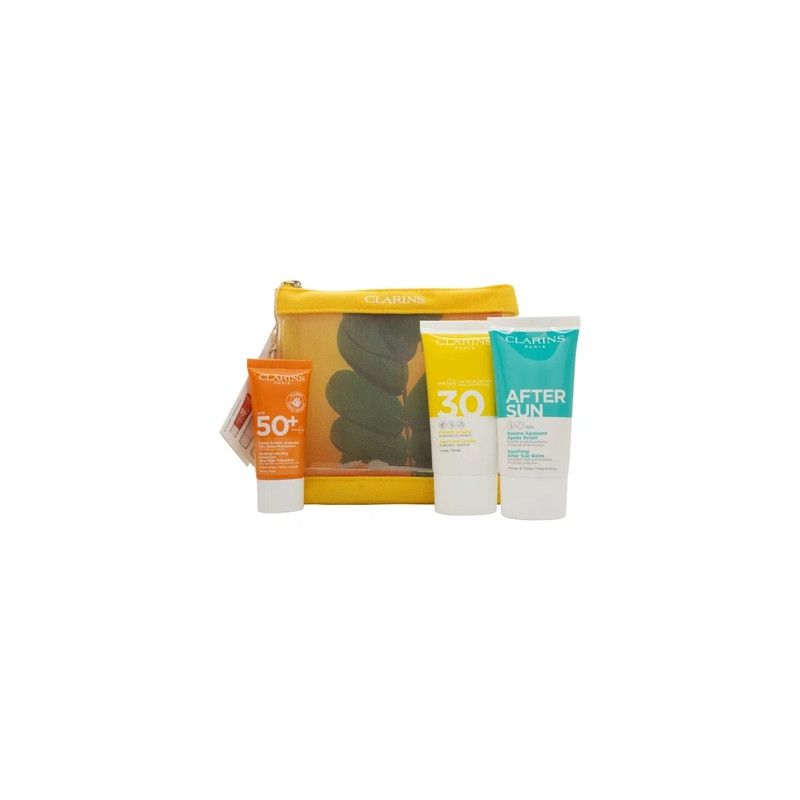 Clarins Essential Sun Care Travel Set - 50ml Very High Protection Sun Cream Spf 50, 15ml Gentle Peeling, 75ml Soothing