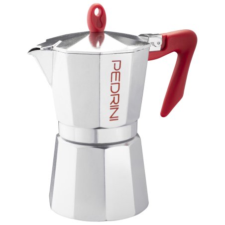 Pedrini Coffee Maker polished Aluminum 6 Cups silver red (9084-0)