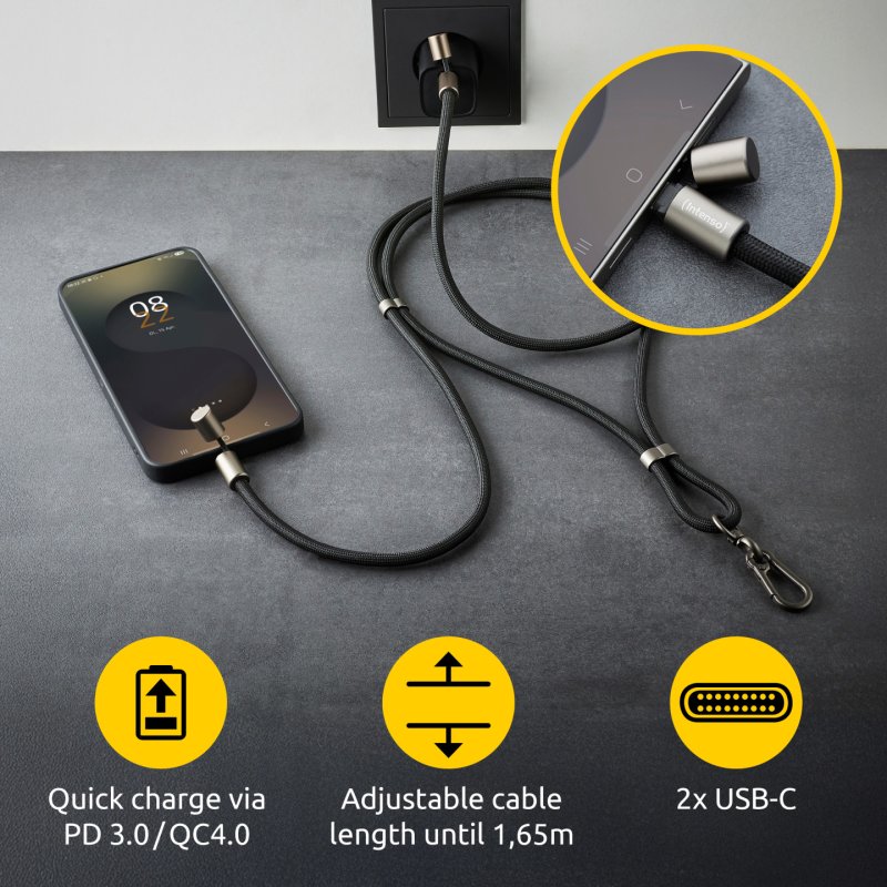 Intenso Lanière de Charge USB-C – Collier Câble pour Smartphone, Charge Rapide 60W, Longueur Réglable, 1,65 m
