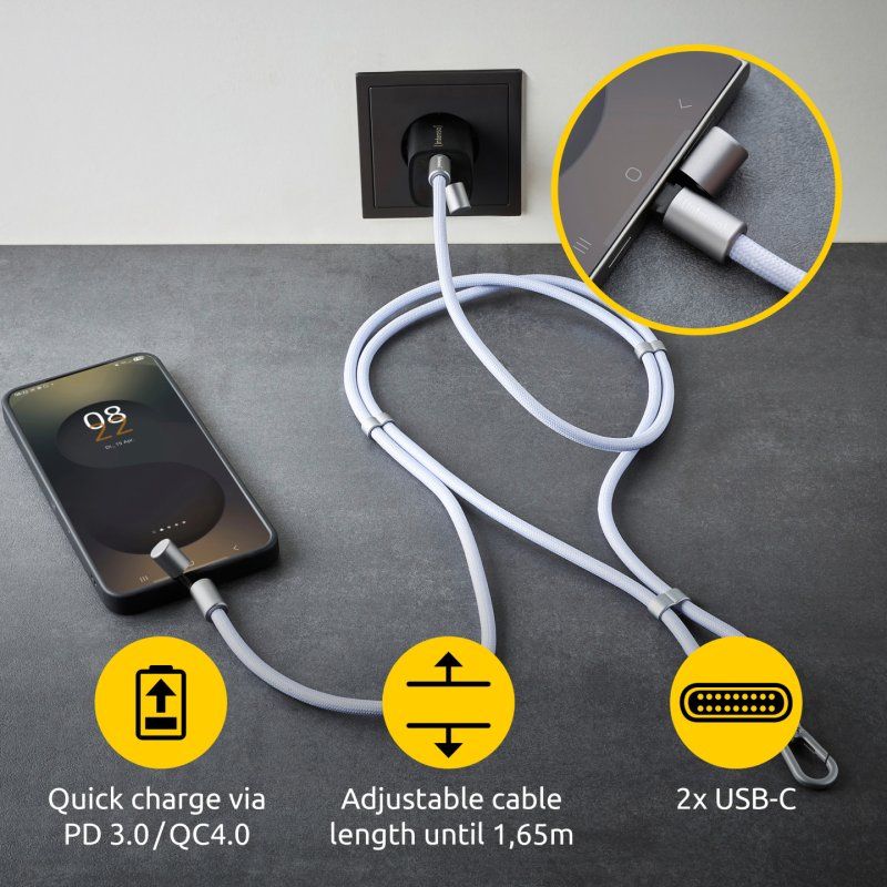Intenso USB-C Charging Lanyard – Phone Necklace Cable, 60W Fast Charging, Adjustable Length, 1.65 m Nylon, USB-C to