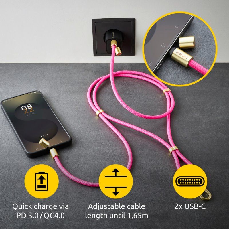 Intenso Lanière de Charge USB-C – Collier Câble pour Smartphone, Charge Rapide 60W, Longueur Réglable, 1,65 m