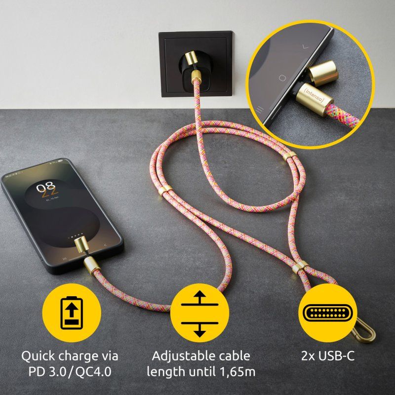 Intenso Lanière de Charge USB-C – Collier Câble pour Smartphone, Charge Rapide 60W, Longueur Réglable, 1,65 m
